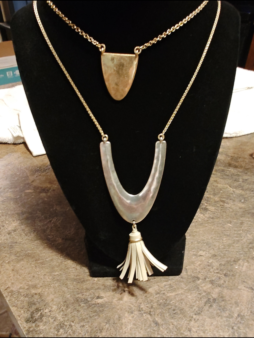 Source Unknown Gold-Tone Double Layer V Necklace with Cream Tassel